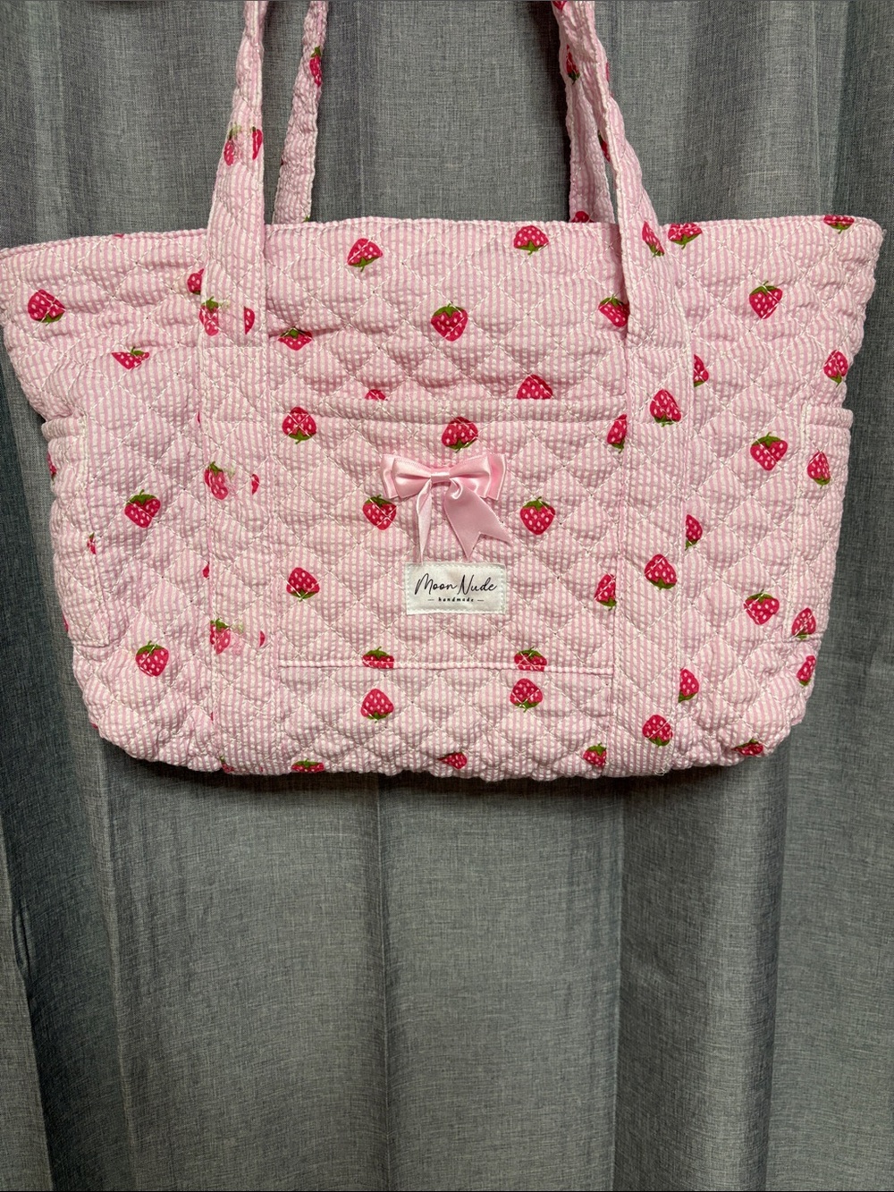 Moon Nude Pink Quilted Strawberry Tote Bag and keychain bag
